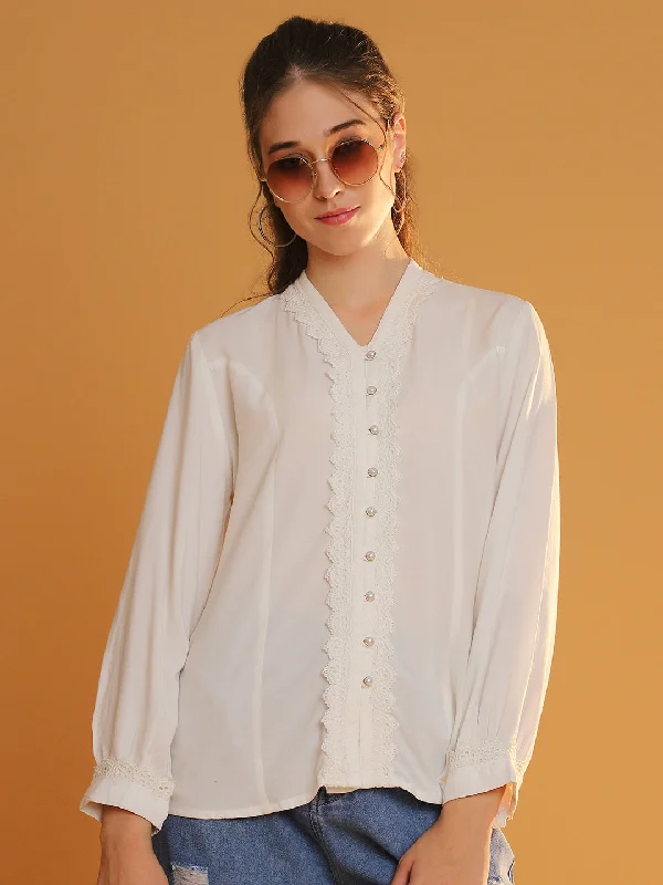 Weekend Discounts to Enjoy Women White V-Neck Full Sleeves Shirt with Lace Placket Detail Weekend Discounts to Enjoy Women White V-Neck Full Sleeves Shirt with Lace Placket Detail