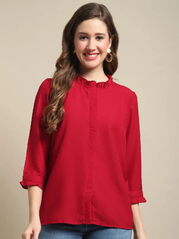 Weekend Deals That Amaze Women's Casual  Red Solid Ruched neck line Top