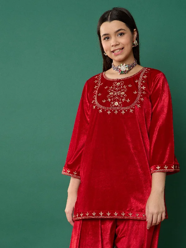 Weekend Specials Just for You Girl Red Velvet Embroidered Short Kurta