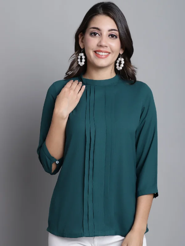 Weekend Specials to Celebrate Women's Casual  Green Solid Band Collar Top