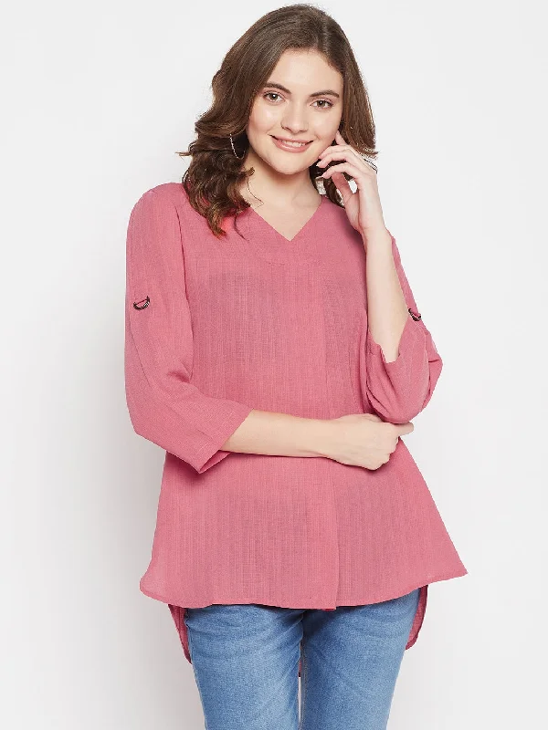 Weekend Discounts Worth Grabbing Women's Casual  Pink Solid V neck Tunic