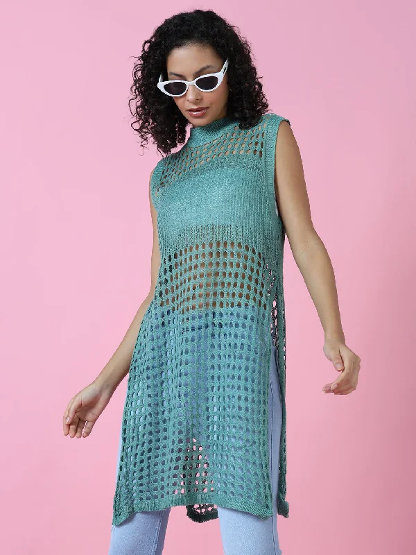 Weekend Discounts to Savor Women Sea Green Solid Crochet Longline Top