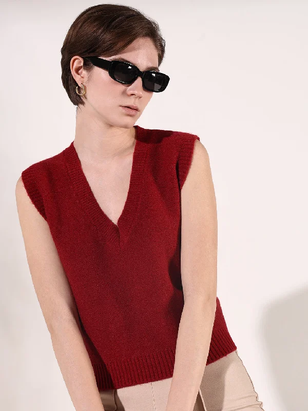 Year-End Clearance Women Red Solid Top