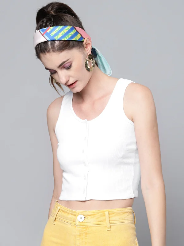 Weekend Savings Spectacular White Front Button Sleeveless Rib Crop Top