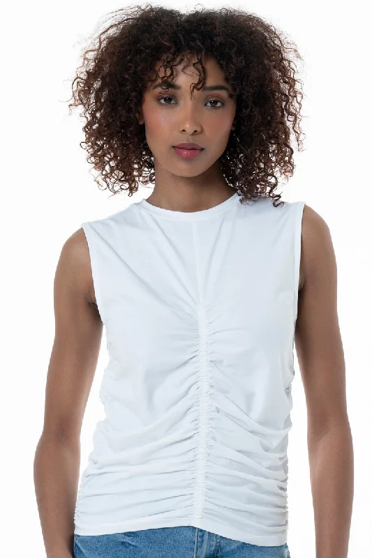 Weekend Savings Sensation High Neck Ruched Tank Top _ 152295 _ Optic White