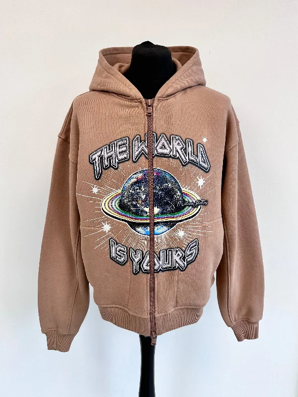 Brown Heavyweight Planet Zip Hoodie.