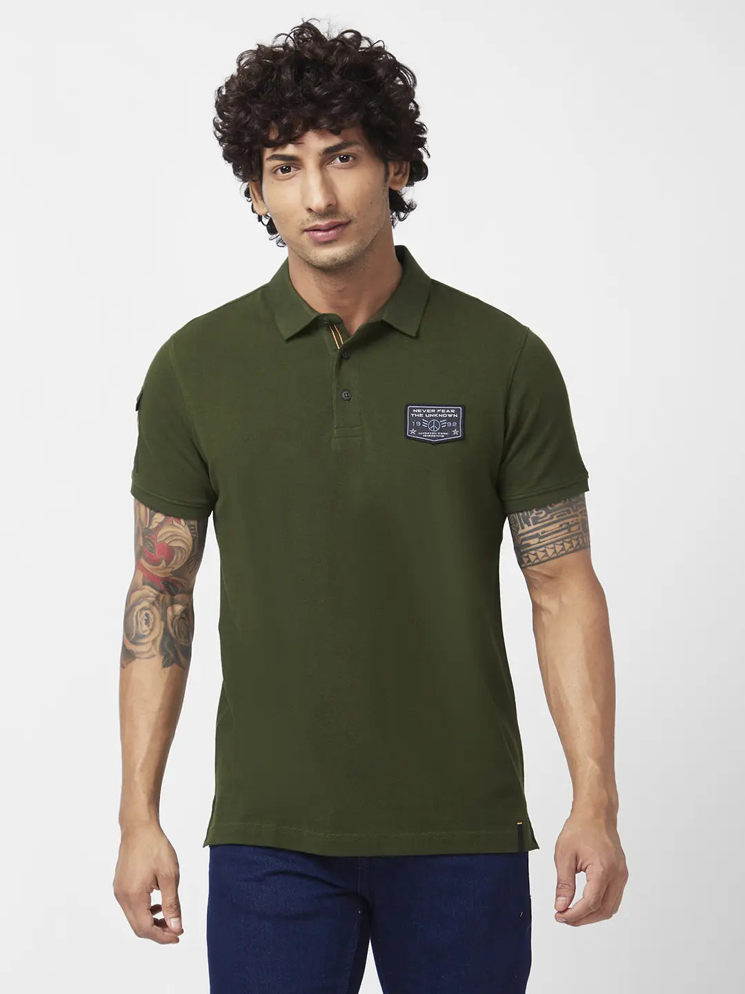 Spykar Men Rifle Green Cotton Slim Fit Half Sleeve Polo Neck Plain Tshirt