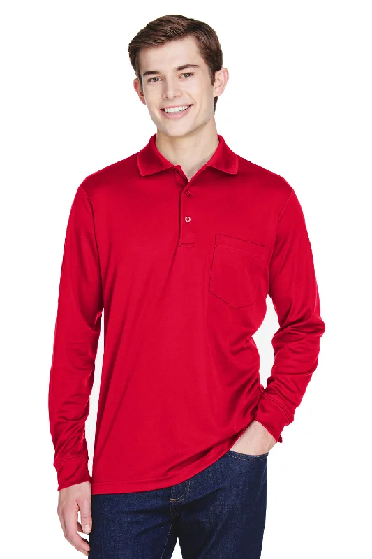 Core 365 Mens Pinnacle Performance Moisture Wicking Long Sleeve Polo Shirt w/ Pocket - Classic Red