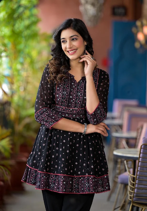 Weekend Specials to Delight Black Ethnic Motif Printed Georgette A Lined Tunic