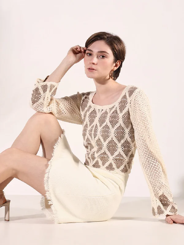 Super Deal Women Beige Solid Crochet Top