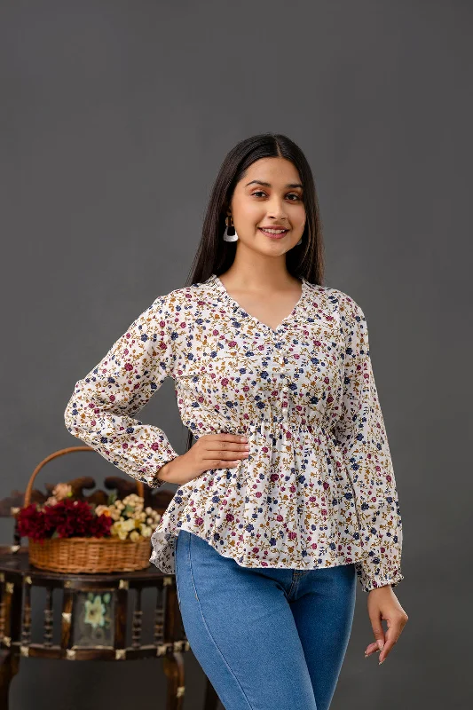 Weekend Deals That Excite Women Off White Printed V-Neck Peplum Tunic