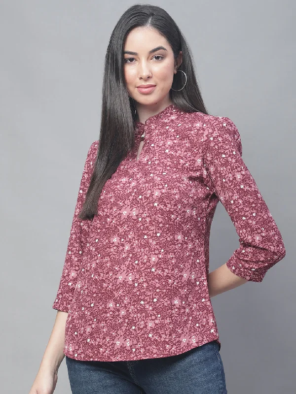 Weekend Discounts to Delight Women's Casual  Wine Floral Print Mandarin Collar Top