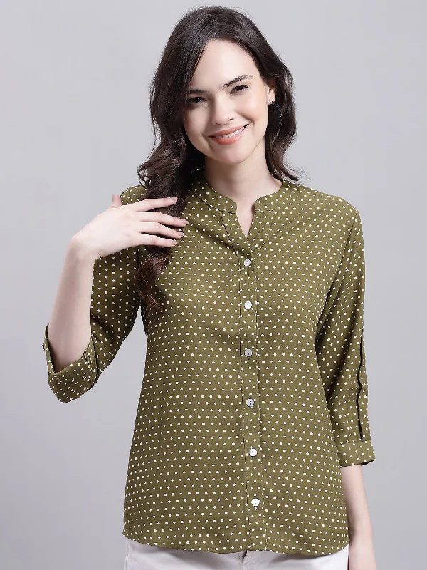 Weekend Savings Spree Women's Casual  Green Polka dot Print Mandarin Collar Top