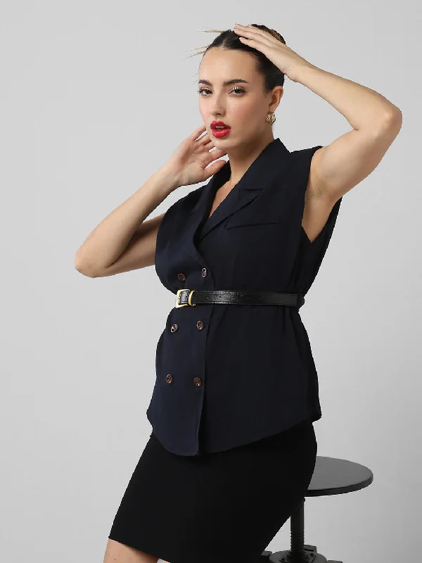 Weekend Savings Spree Women Navy Blue Solid Blazer Top with Belt