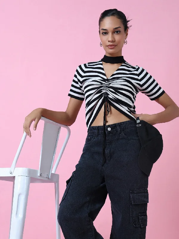 Weekend Deals to Brighten Your Day Women Black Striped Ruched Top