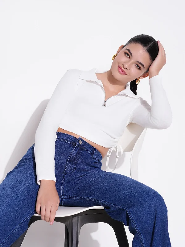 Unwind with Weekend Discounts Women White Solid Ruched Crop Top