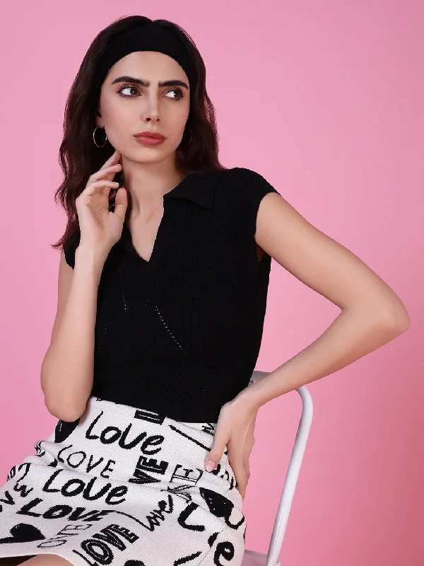 Weekend Specials to Savor Women Black Solid Fitted Top