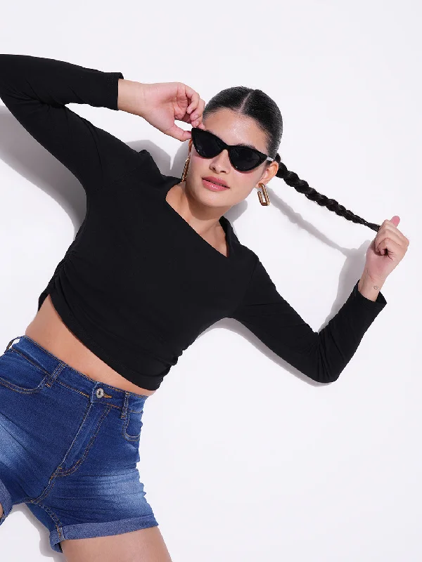 Weekend Bargains to Snag Women Black Solid Crop Top
