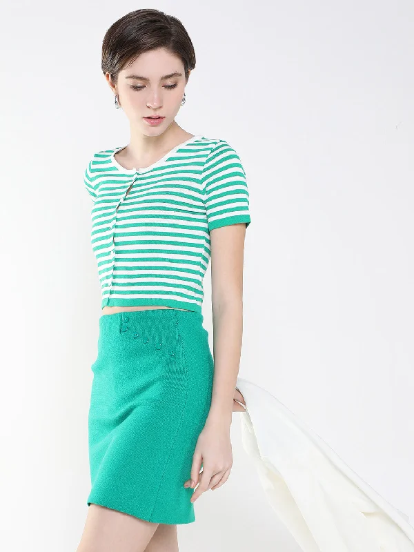 Weekend Specials to Cherish Women Striped Green Fitted Top