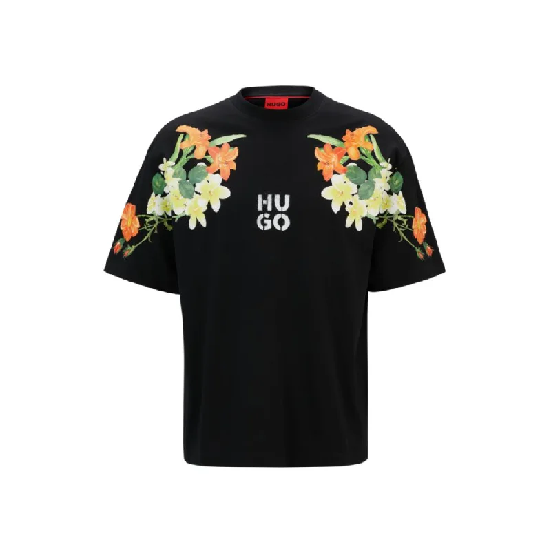 Cotton-jersey T-shirt with floral print and stacked logo