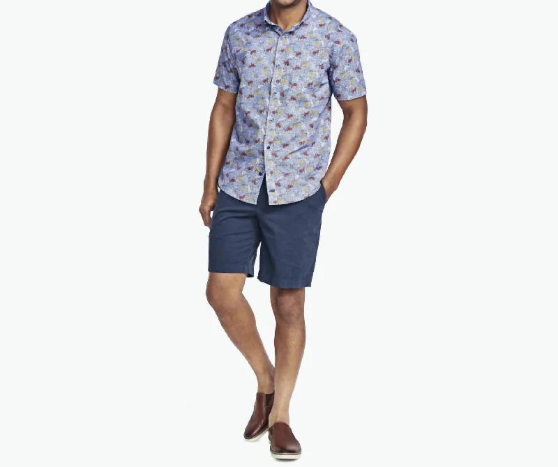 Cotton Short Sleeve Button Up Top In Navy Bicycle