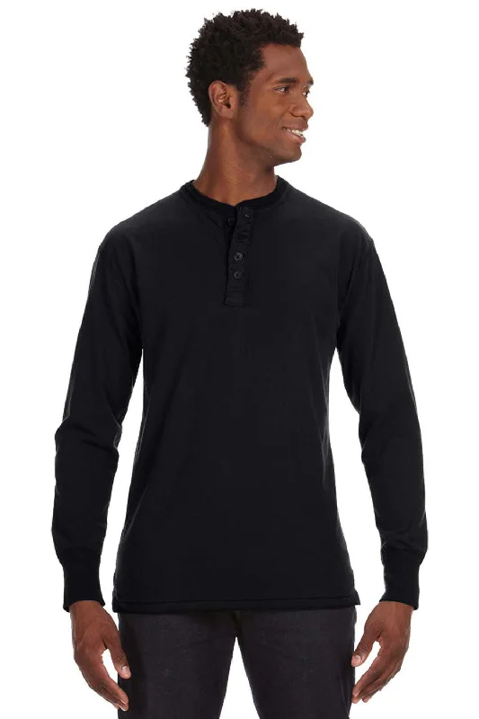 J America Mens Vintage Brushed Jersey Long Sleeve Henley T-Shirt - Black