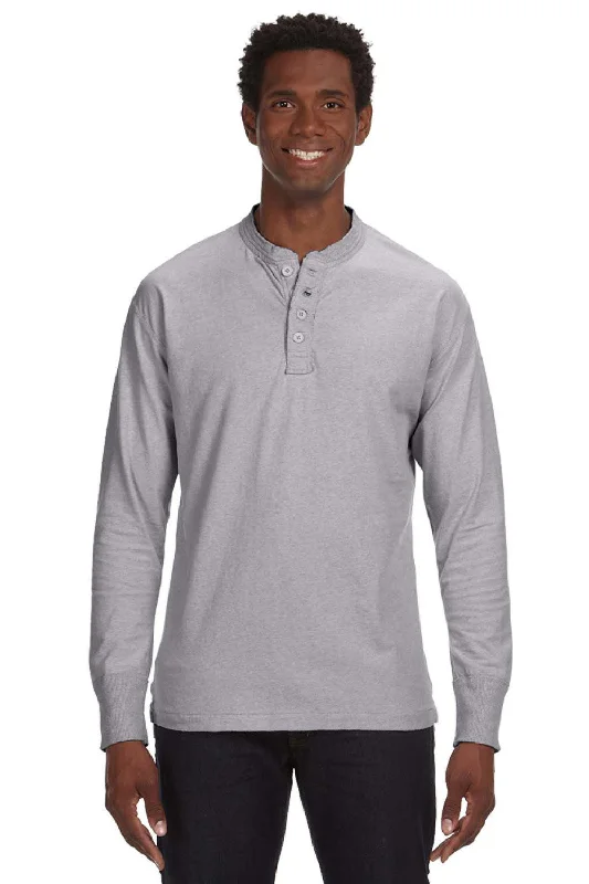 J America Mens Vintage Brushed Jersey Long Sleeve Henley T-Shirt - Oxford Grey