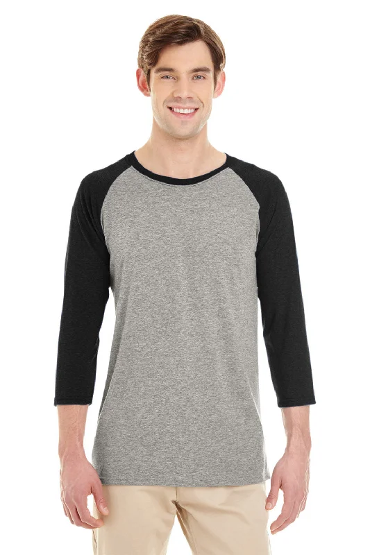 Jerzees Mens Moisture Wicking 3/4 Sleeve Crewneck T-Shirt - Oxford Grey/Black - Closeout