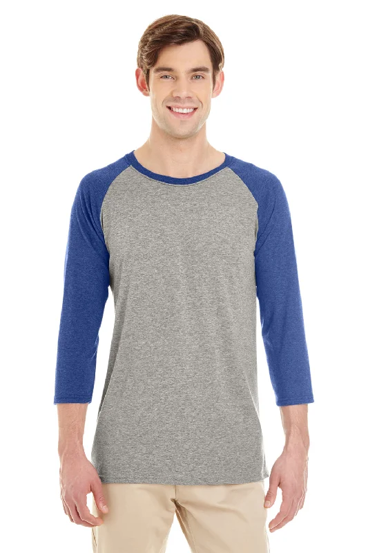 Jerzees Mens Moisture Wicking 3/4 Sleeve Crewneck T-Shirt - Oxford Grey/True Blue - Closeout