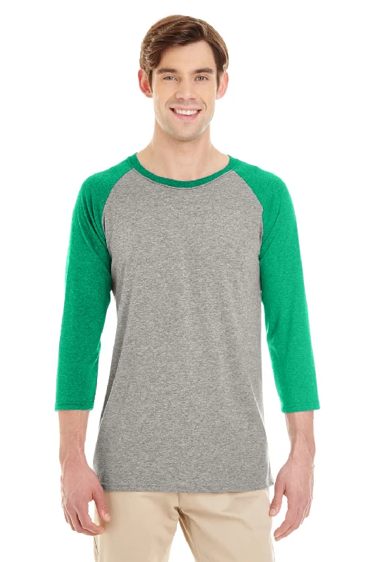 Jerzees Mens Moisture Wicking 3/4 Sleeve Crewneck T-Shirt - Oxford Grey/Irish Green - Closeout