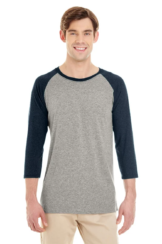 Jerzees Mens Moisture Wicking 3/4 Sleeve Crewneck T-Shirt - Oxford Grey/Indigo Blue - Closeout