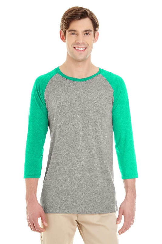 Jerzees Mens Moisture Wicking 3/4 Sleeve Crewneck T-Shirt - Oxford Grey/Mint Green - Closeout