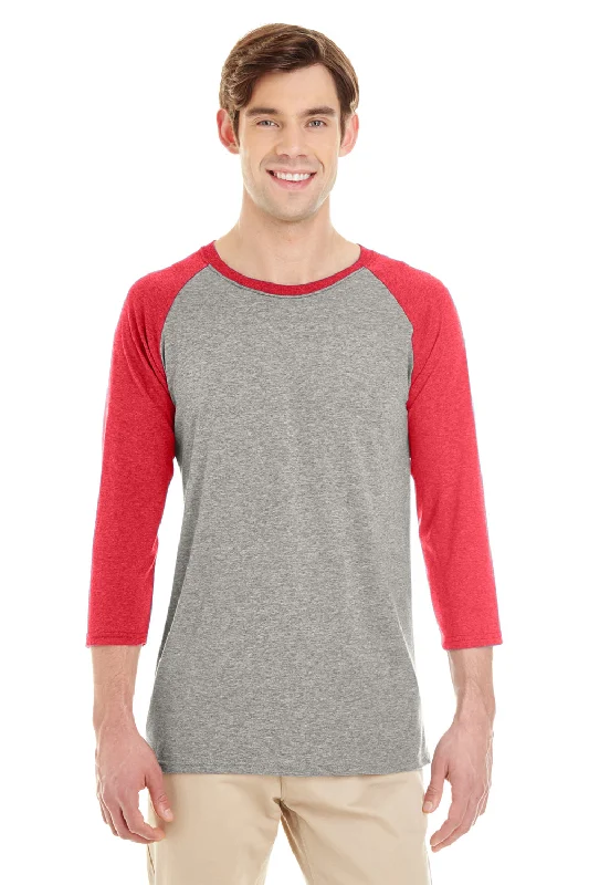 Jerzees Mens Moisture Wicking 3/4 Sleeve Crewneck T-Shirt - Oxford Grey/Fiery Red - Closeout