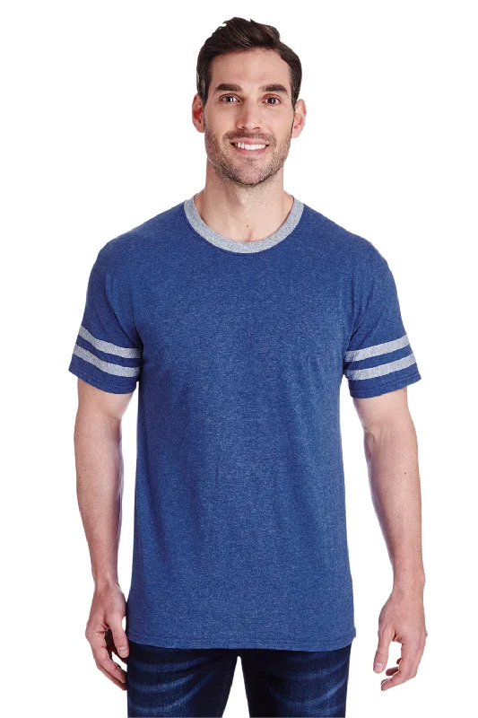 Jerzees Mens Moisture Wicking Varsity Ringer Short Sleeve Crewneck T-Shirt - Heather True Blue/Oxford Grey - Closeout