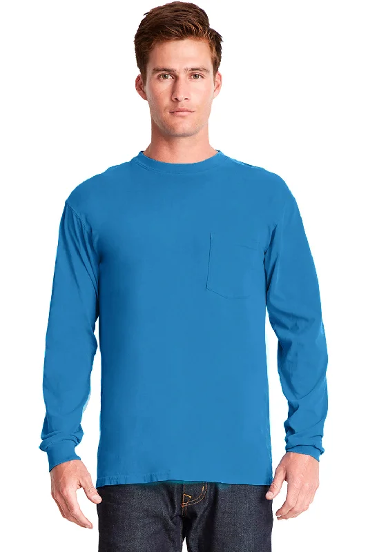 Next Level Mens Inspired Dye Jersey Long Sleeve Crewneck T-Shirt w/ Pocket - Ocean Blue - Closeout