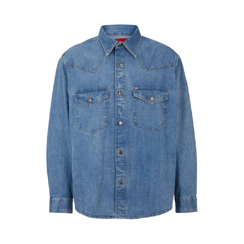 Oversize-fit denim shirt with flap chest pockets