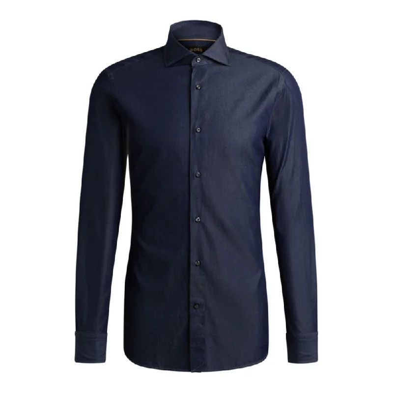 Slim-fit shirt in cotton denim with spread collar