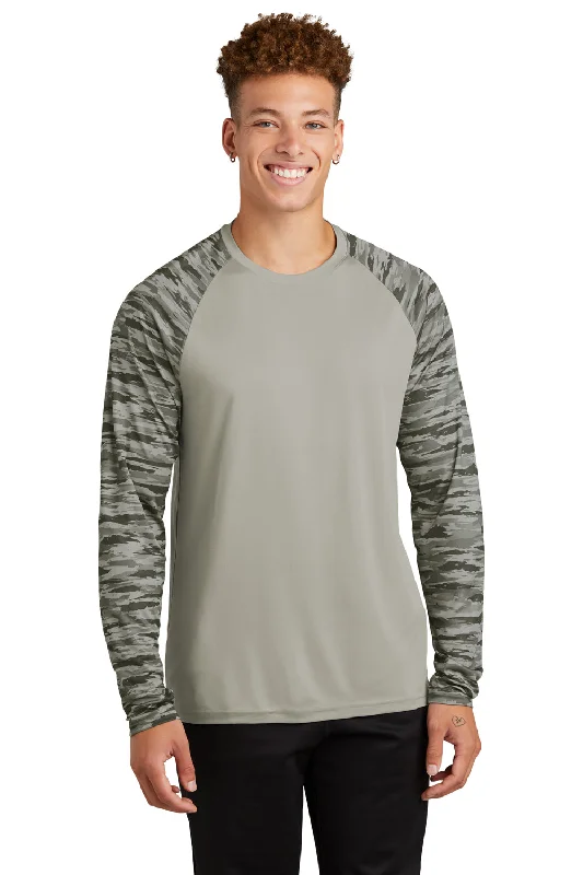 Sport-Tek Mens Drift Camo Colorblock Moisture Wicking Long Sleeve Crewneck T-Shirt - Silver Grey