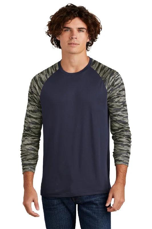 Sport-Tek Mens Drift Camo Colorblock Moisture Wicking Long Sleeve Crewneck T-Shirt - True Navy Blue