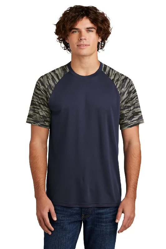 Sport-Tek Mens Drift Camo Colorblock Moisture Wicking Short Sleeve Crewneck T-Shirt - True Navy Blue