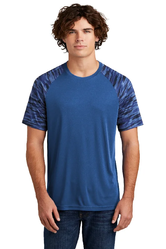 Sport-Tek Mens Drift Camo Colorblock Moisture Wicking Short Sleeve Crewneck T-Shirt - Royal Blue